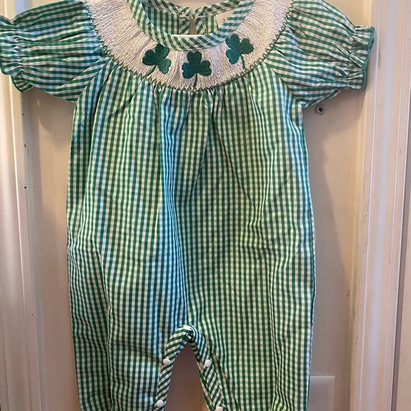 New Smocked St Patrick's Day Bubble Romper - Picture 3 of 14